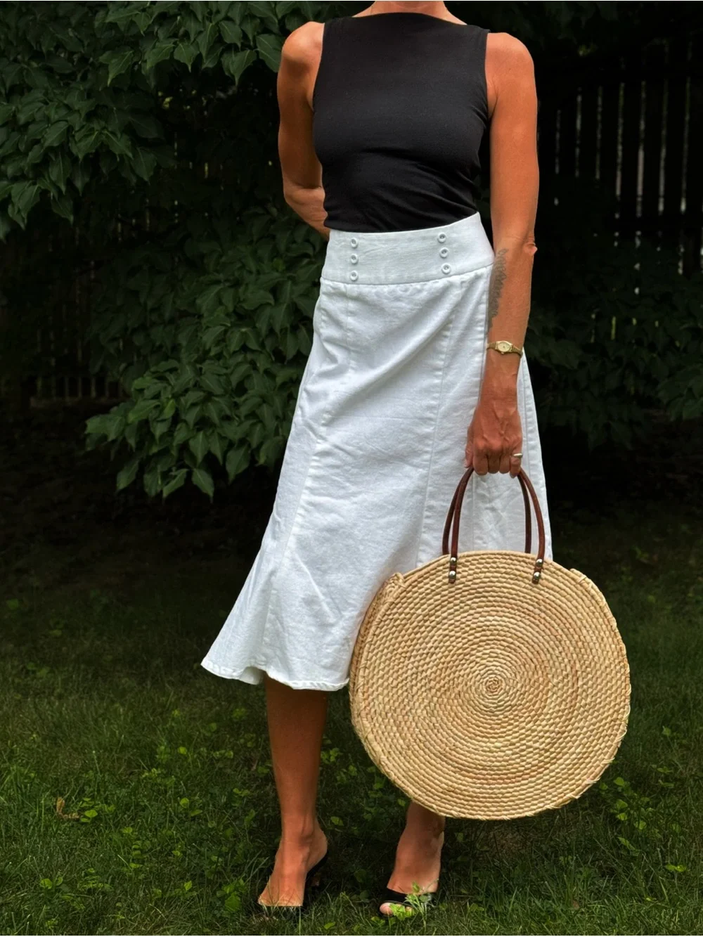 Hand Woven Round Straw Tote Bag with Brown Leather Handles